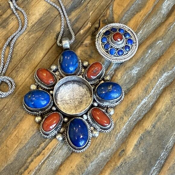 Sterling Silver Lapis Coral Jasper Bali Style Ghau Box Poison Locket Necklace - Picture 2 of 9